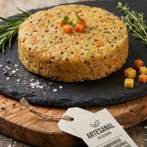 Burguer de Mandioquinha, cenoura e quinoa em tábua de ferro